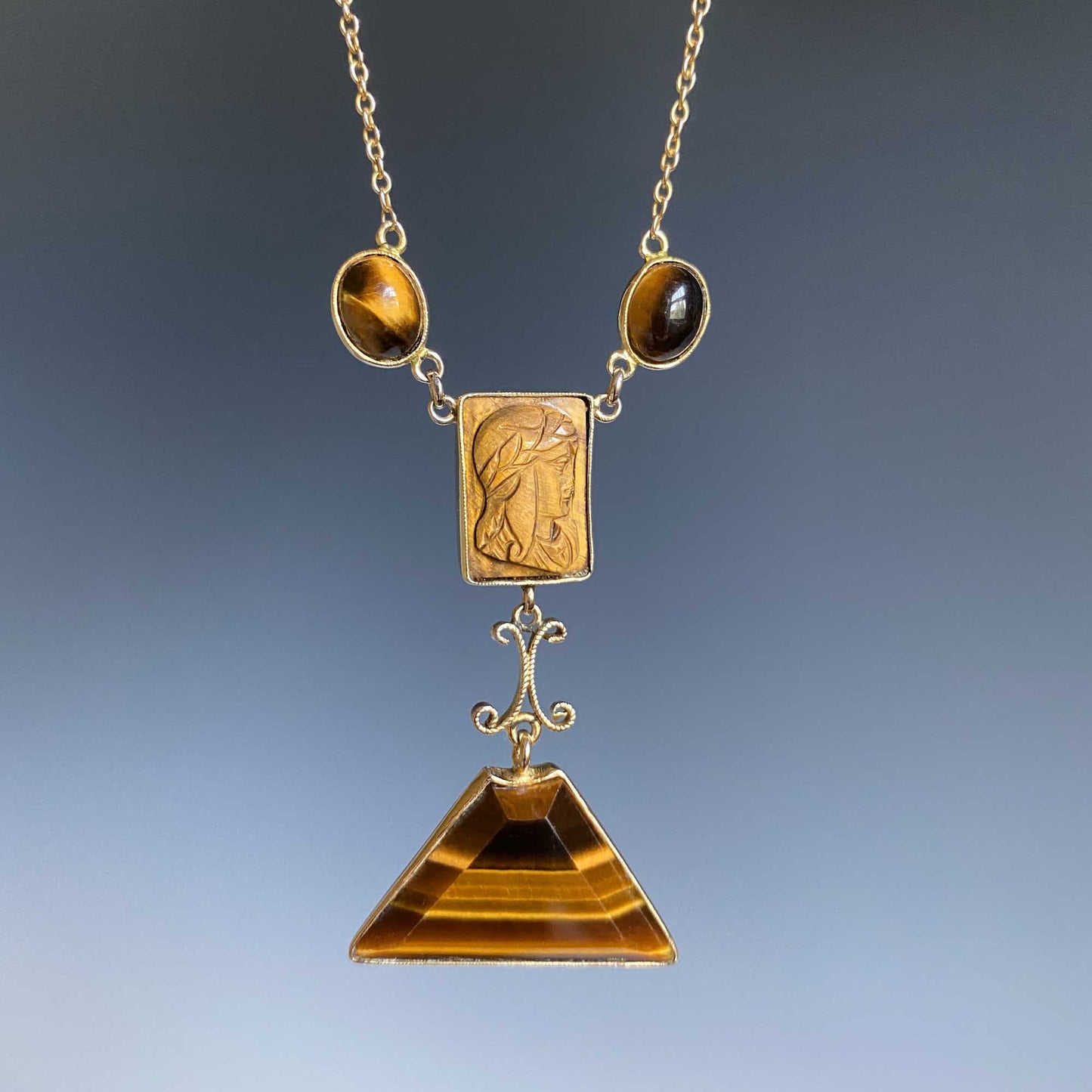 Antique Gold Carved Tiger Eye Cameo Necklace