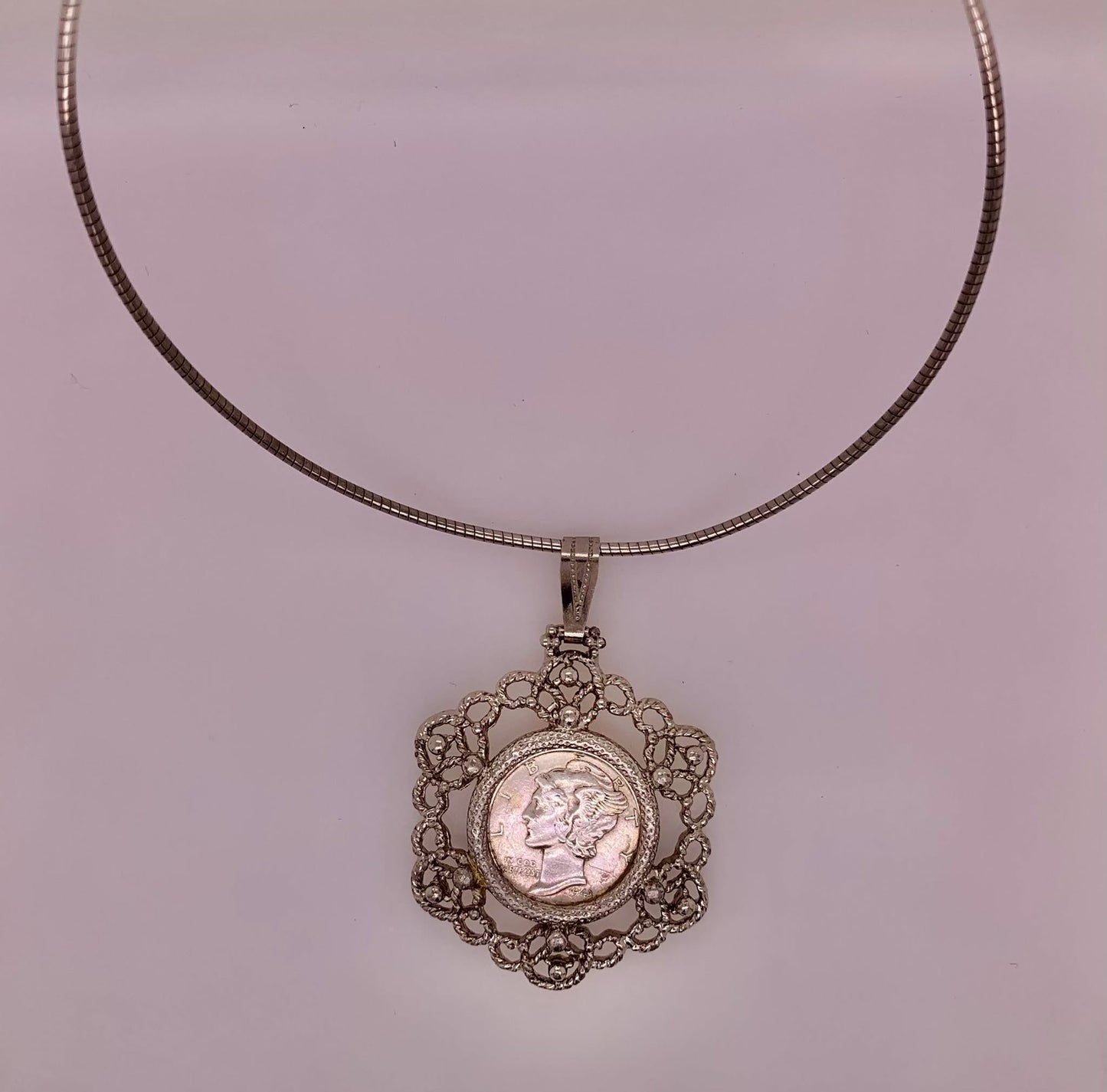 Estate Silver Tone Necklace with Coin Pendant