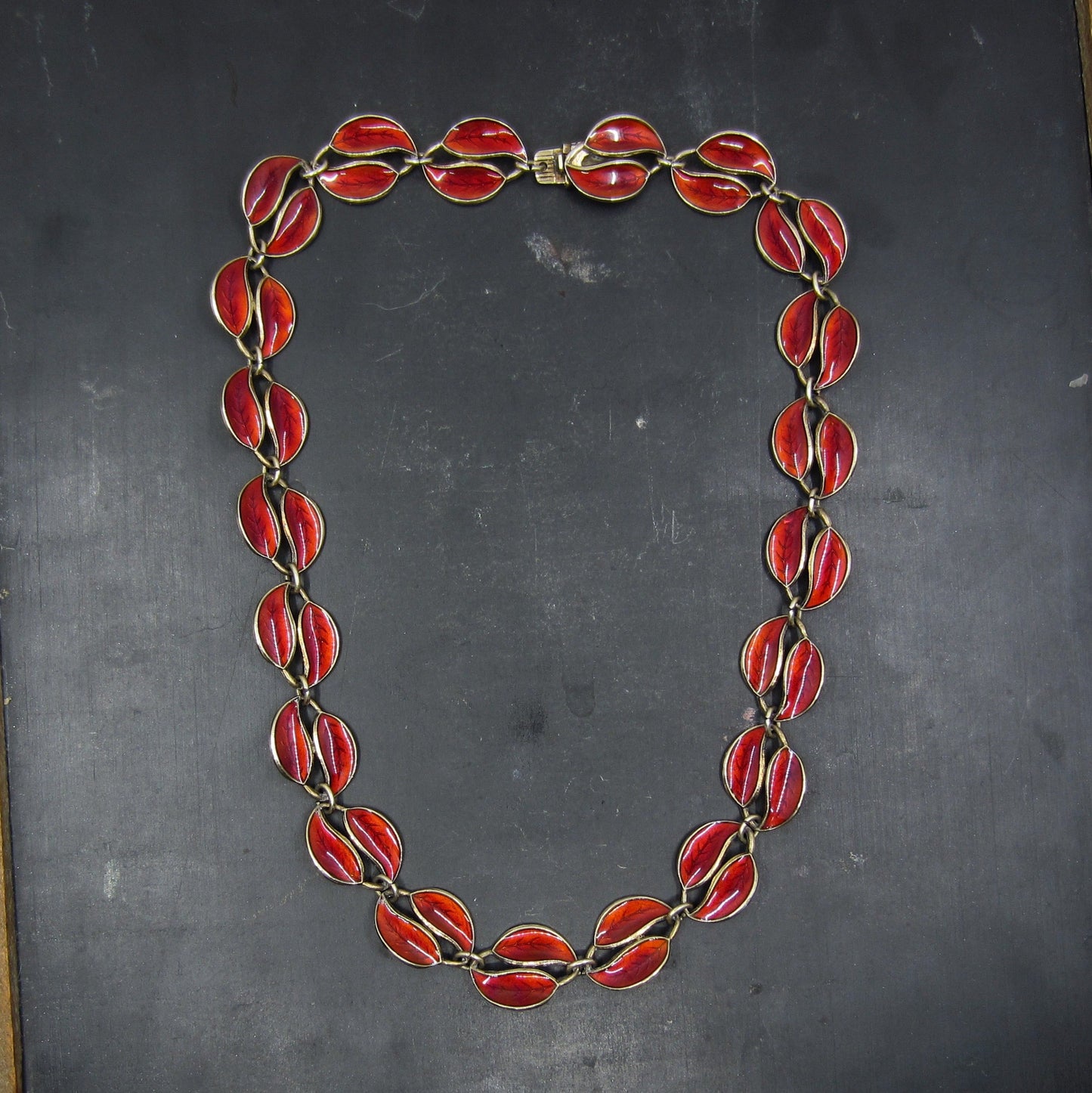 SOLD--Mid-Century David Andersen Red Enamel Necklace Gilt Sterling c. 1950, Norway