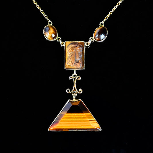 Antique Gold Carved Tiger Eye Cameo Necklace