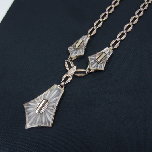 SOLD--Art Deco Pyrite and Carved Rock Crystal Necklace Sterling c. 1930