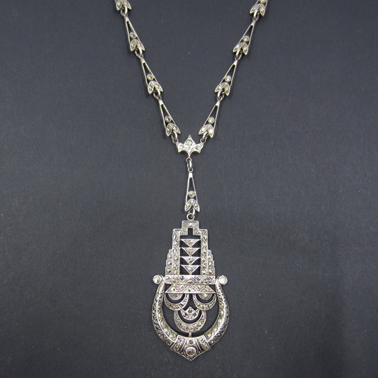 SOLD--Art Deco Marcasite Drop Necklace Sterling Silver c. 1930